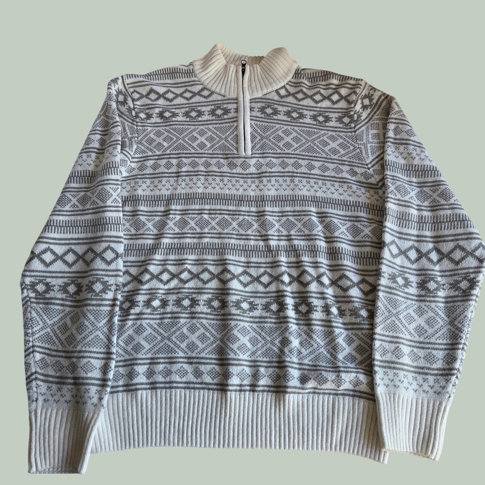 Carbon Mens XXL Quarter Zip Sweater Cream Grey Fair Isle Geometric Knit Pullover